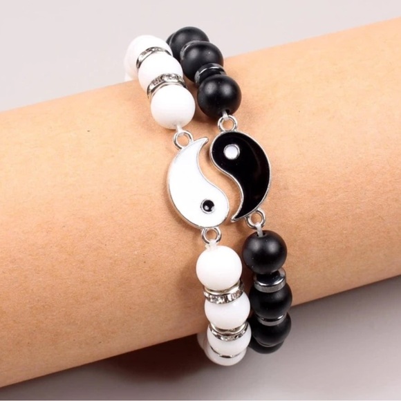 Yin Yang Friendship Bracelets‎ Set Bohemian Black & White Elastic Duo - Picture 1 of 10